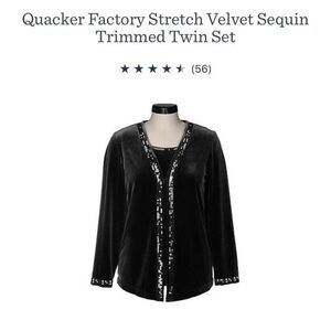 Quacker Factory 1X Stretch Velvet Sequin Cardigan Tank Cami Twin Set Black